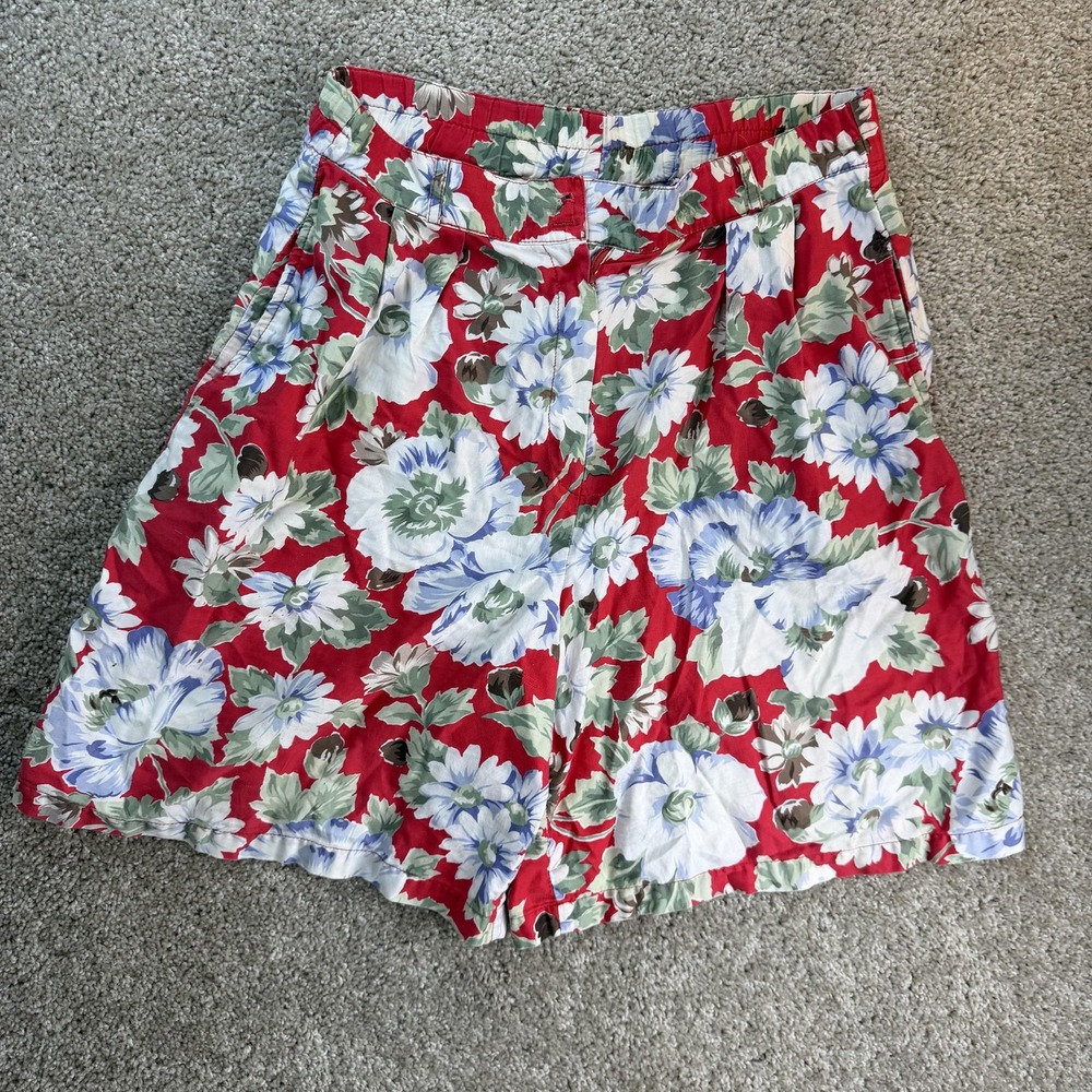 Talbots Culotte Shorts Womens M Red Floral Pleated Elastic Waist Summer Casual
